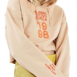 tan w/ orange writing hoodie